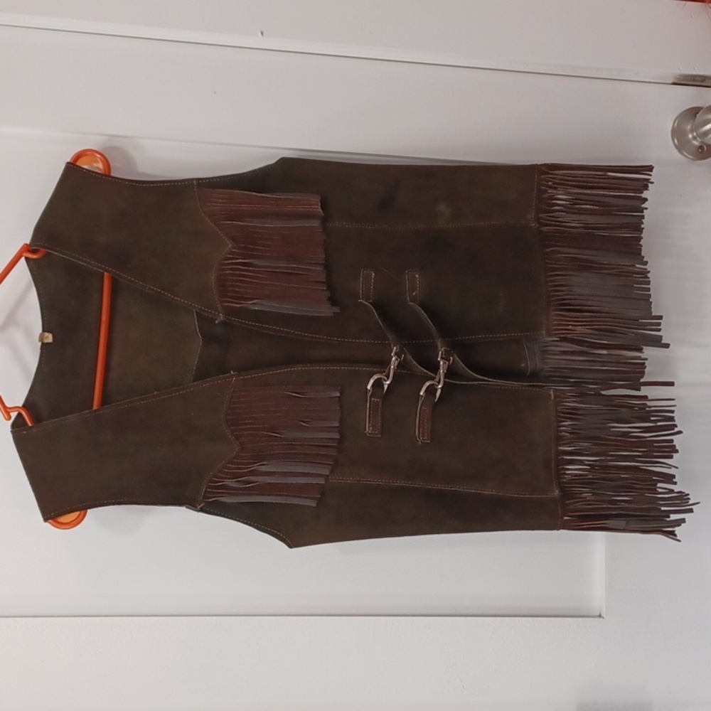 Suede Leather Brown Jacket Vest Western Fringe Traditional Wear Unisex Small Med
